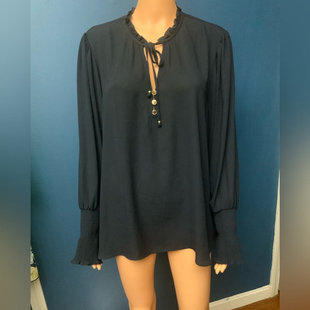 Tahari Navy Tie-Neck Long-Sleeve Blouse